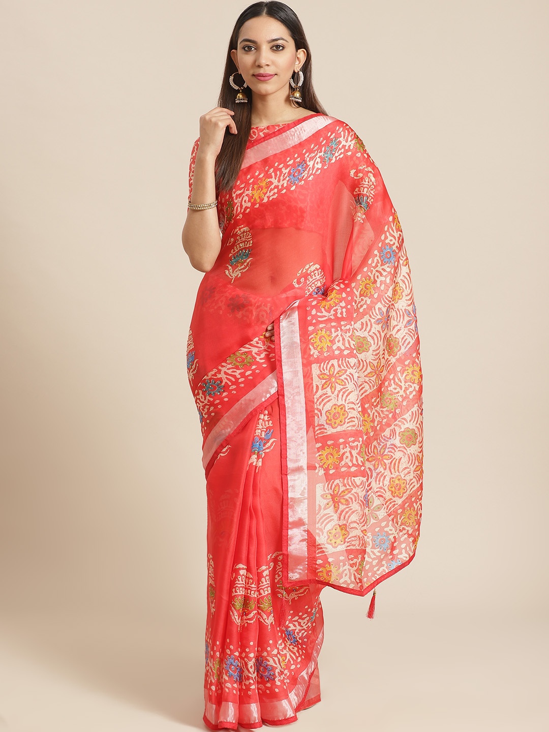 

Saree mall Coral Red & Off-White Block Print Saree