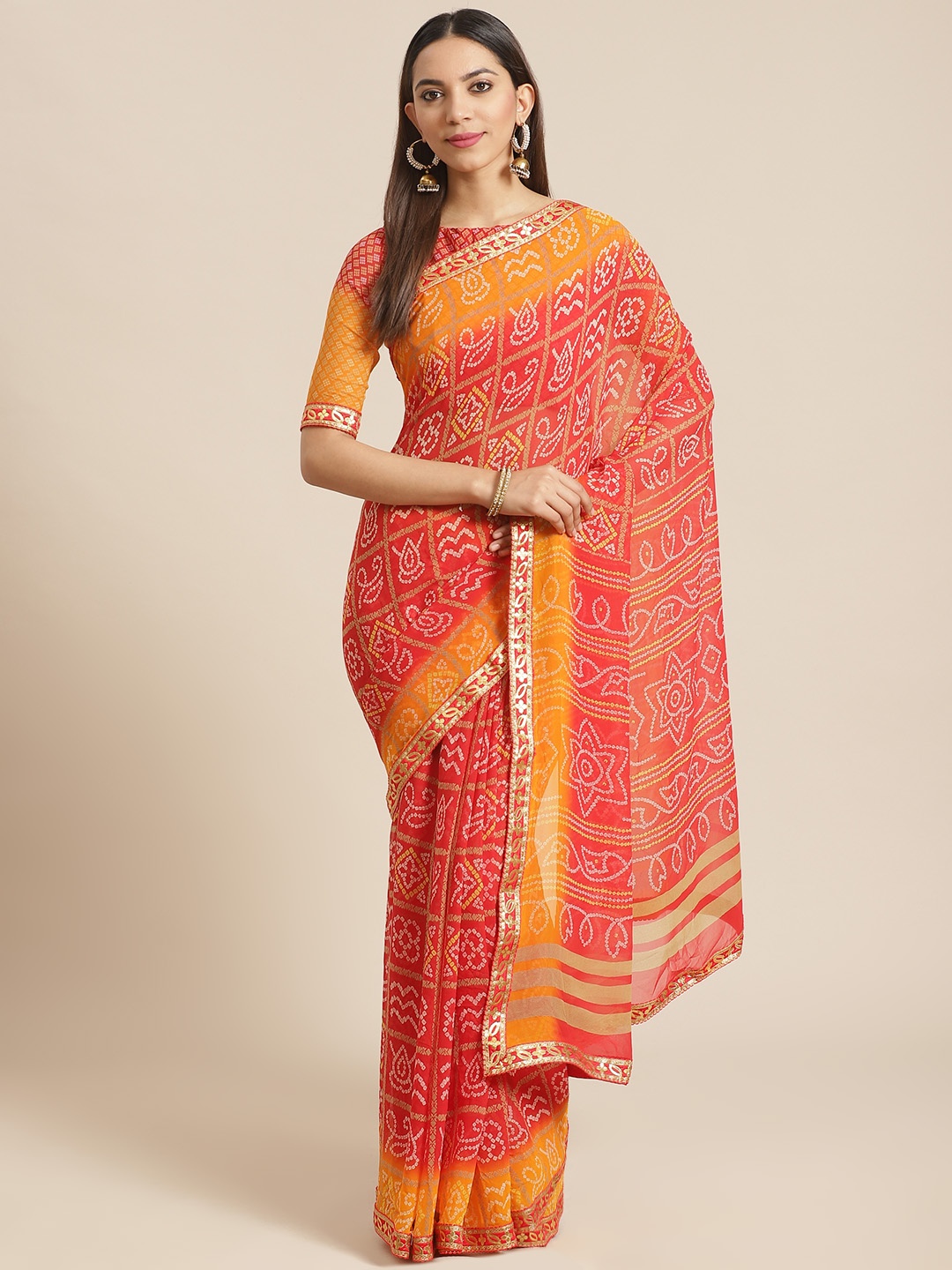 

Saree mall Red & Orange Printed Bandhani Saree