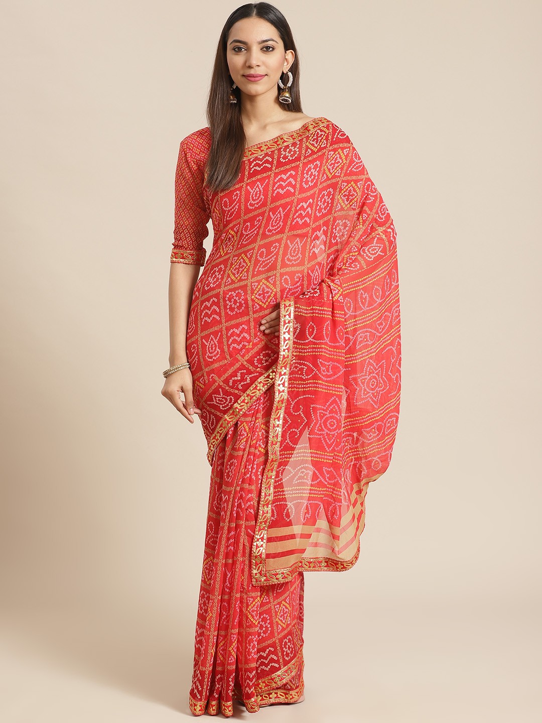 

Saree mall Red & Maroon Printed Bandhani Saree