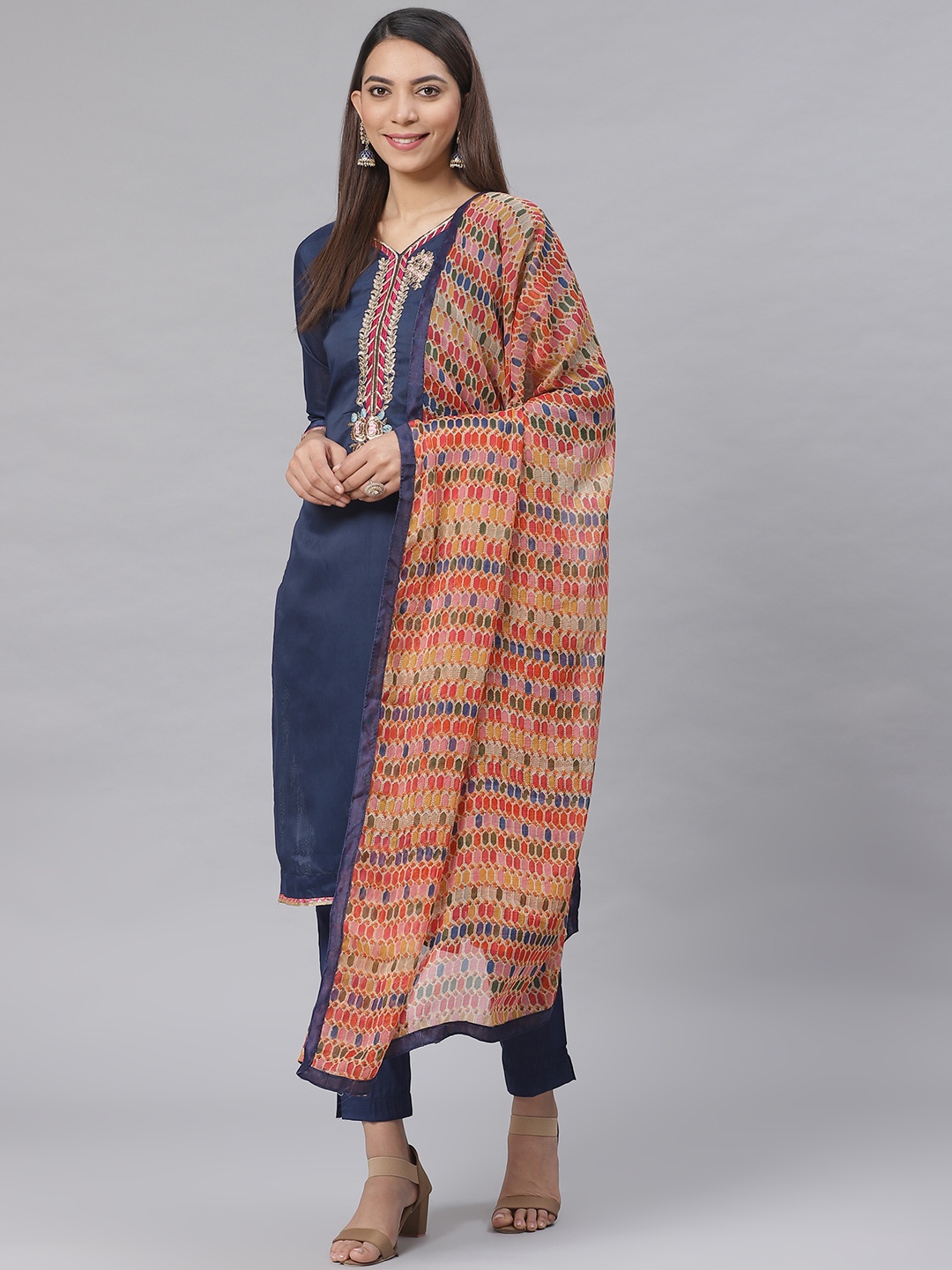 

Saree mall Navy Blue Solid Semi-Stitched Dress Material