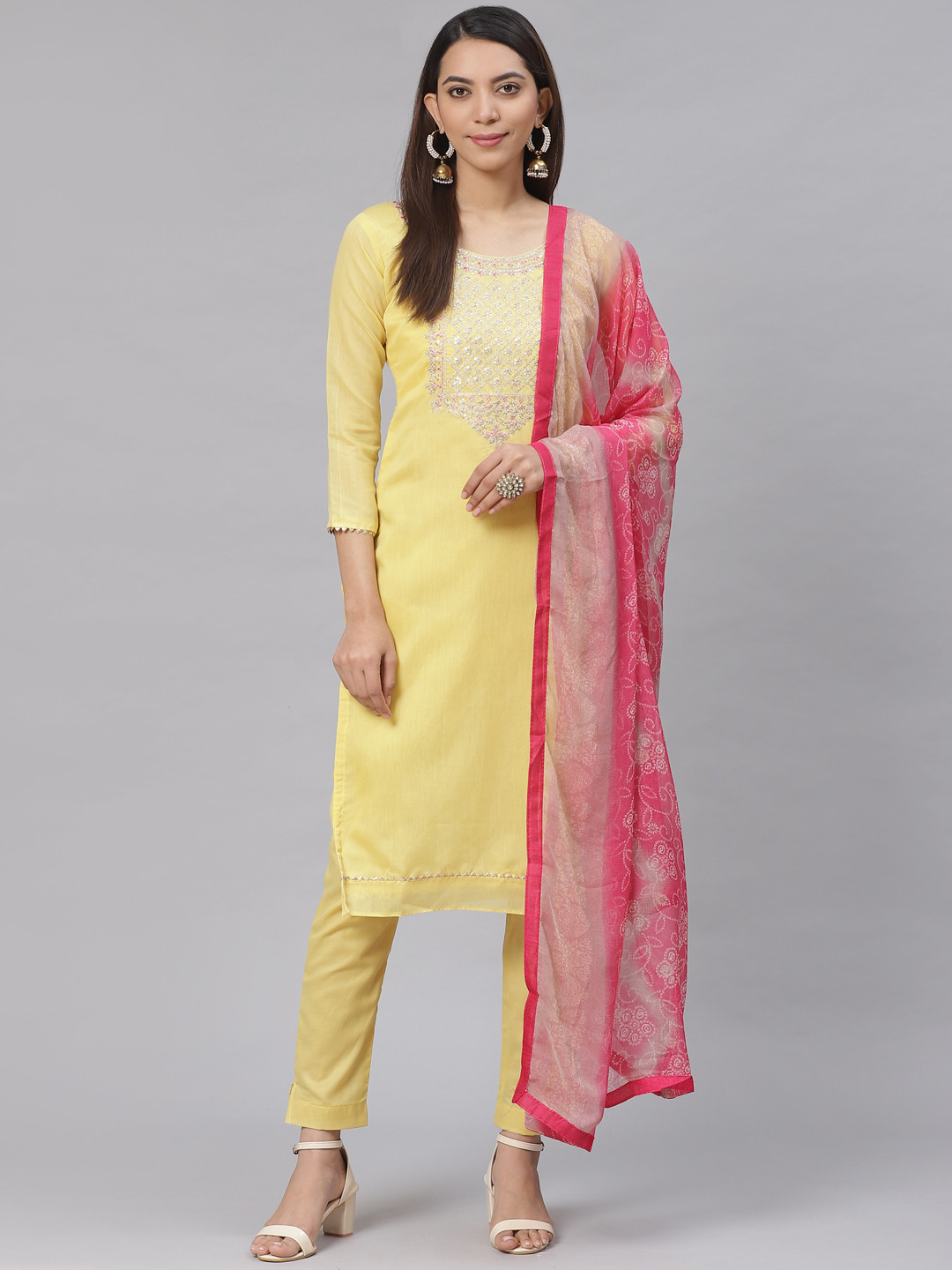 

Saree mall Yellow & Golden Embroidered Yoke Design Unstitched Dress Material