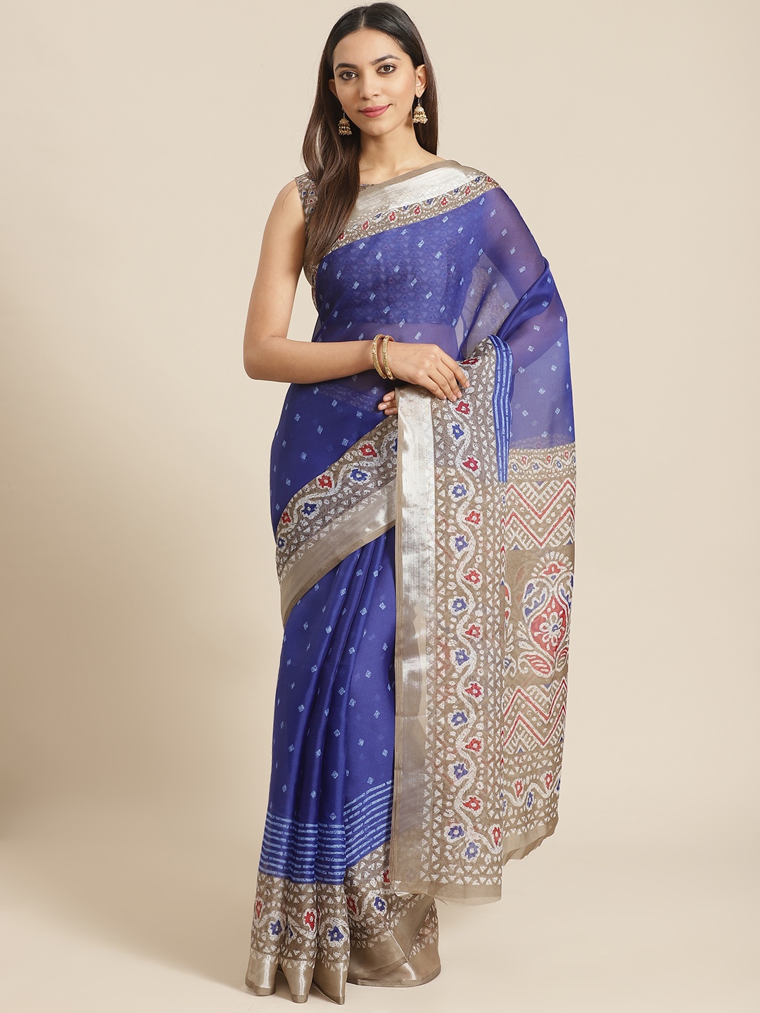

Saree mall Blue & Grey Block Print Saree