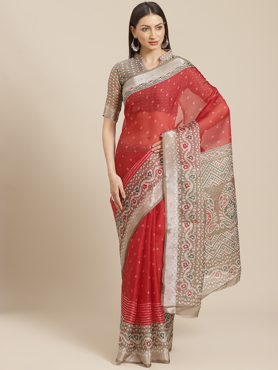 

Saree mall Maroon & Grey Printed Block Print Saree