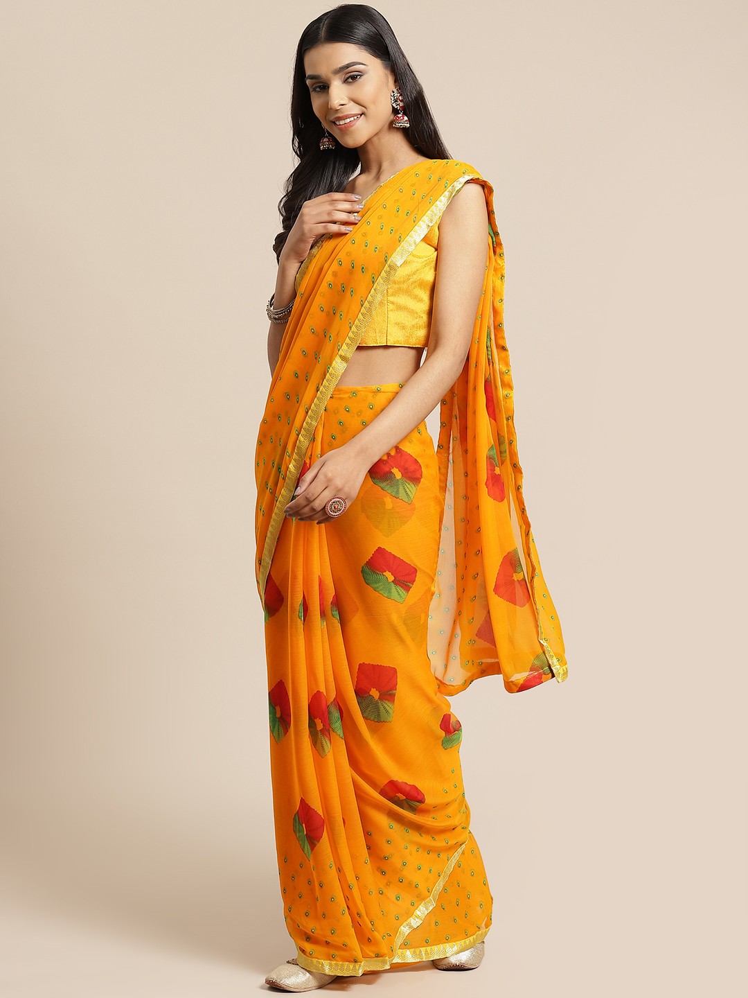 

Saree mall Orange & Green Printed Bandhani Saree