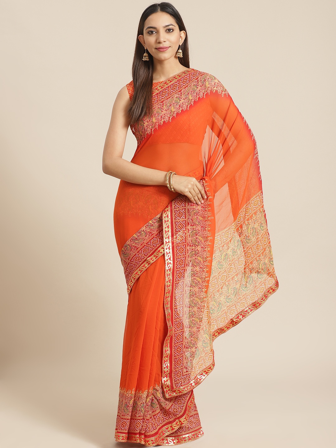 

Saree mall Orange & Red Solid Bandhani Saree