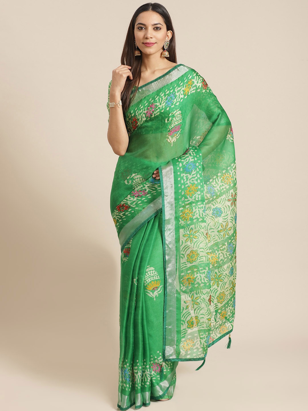 

Saree mall Green & Off-White Block Print Saree