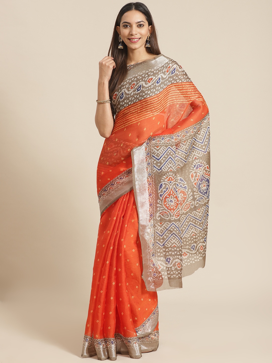 

Saree mall Orange & Grey Printed Block Print Saree