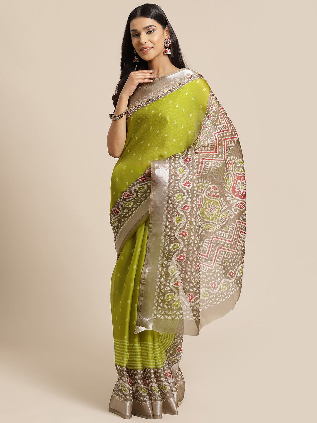 

Saree mall Green & Taupe Art Silk Printed Block Print Saree