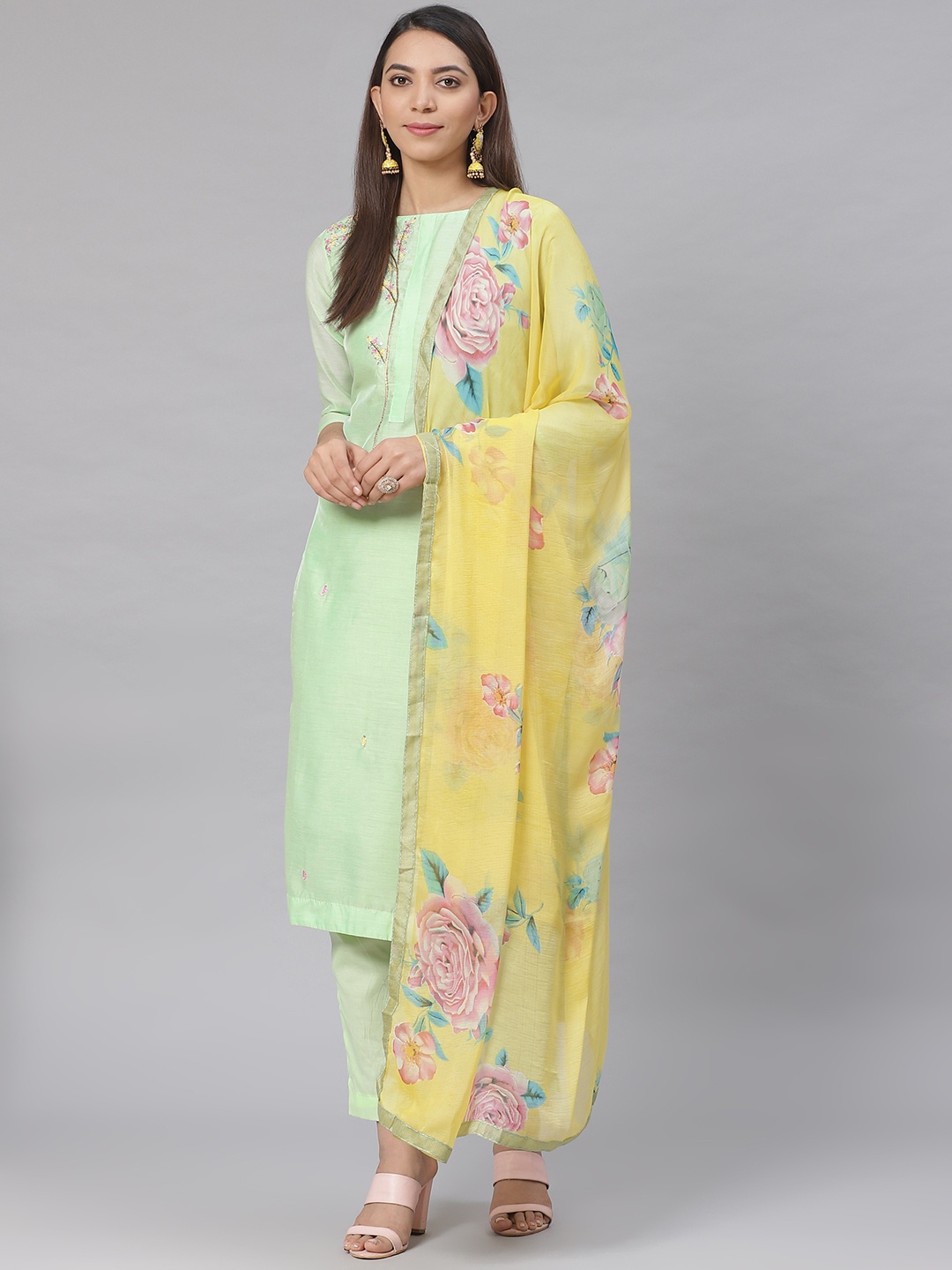 

Saree mall Green & Yellow Embroidered Yoke Design Unstitched Dress Material