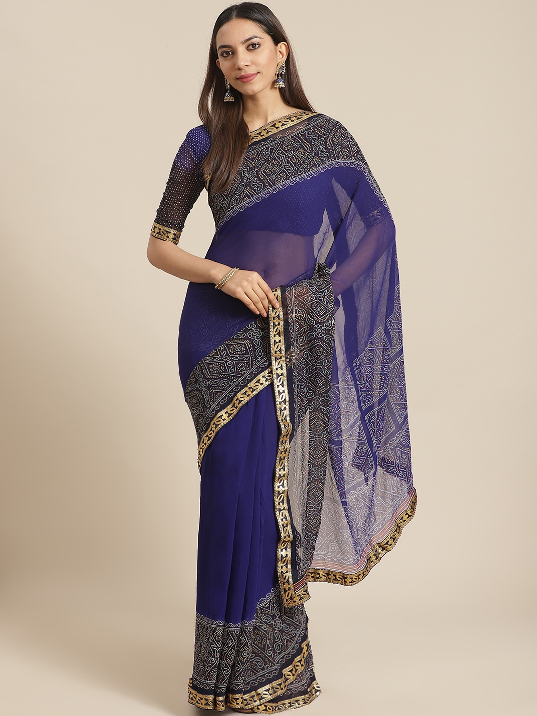 

Saree mall Blue & Off-White Solid Bandhani Saree