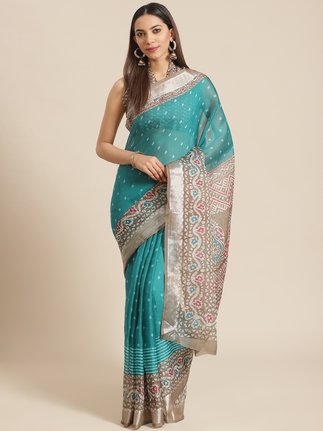 

Saree mall Teal Blue & Grey Block Print Saree