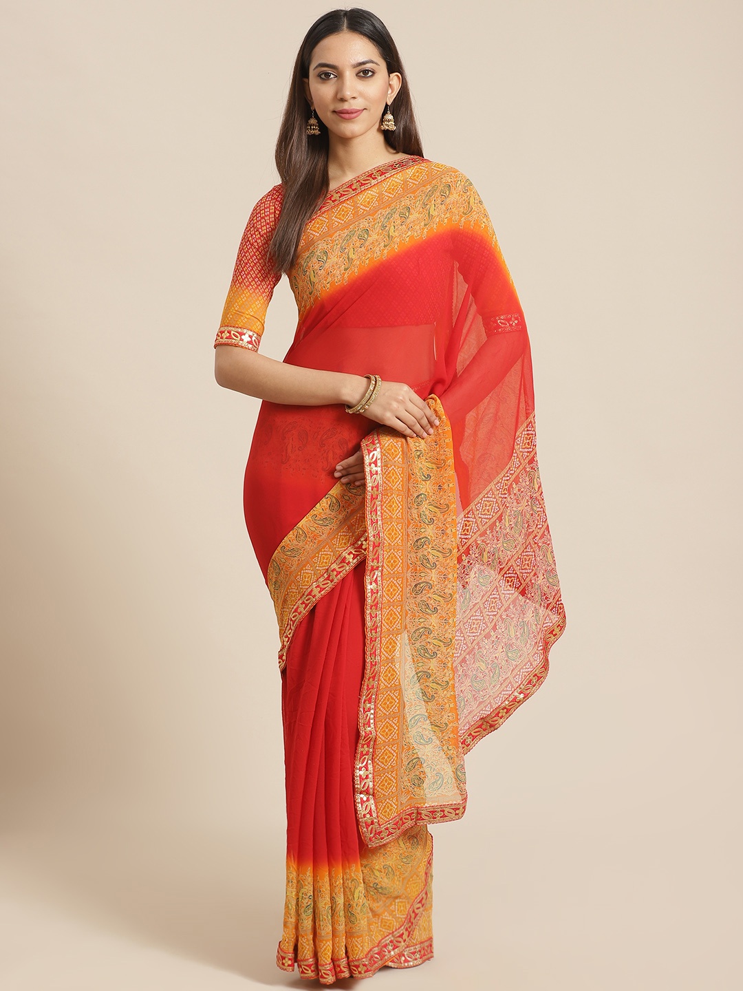 

Saree mall Red & Mustard Yellow Solid Bandhani Saree