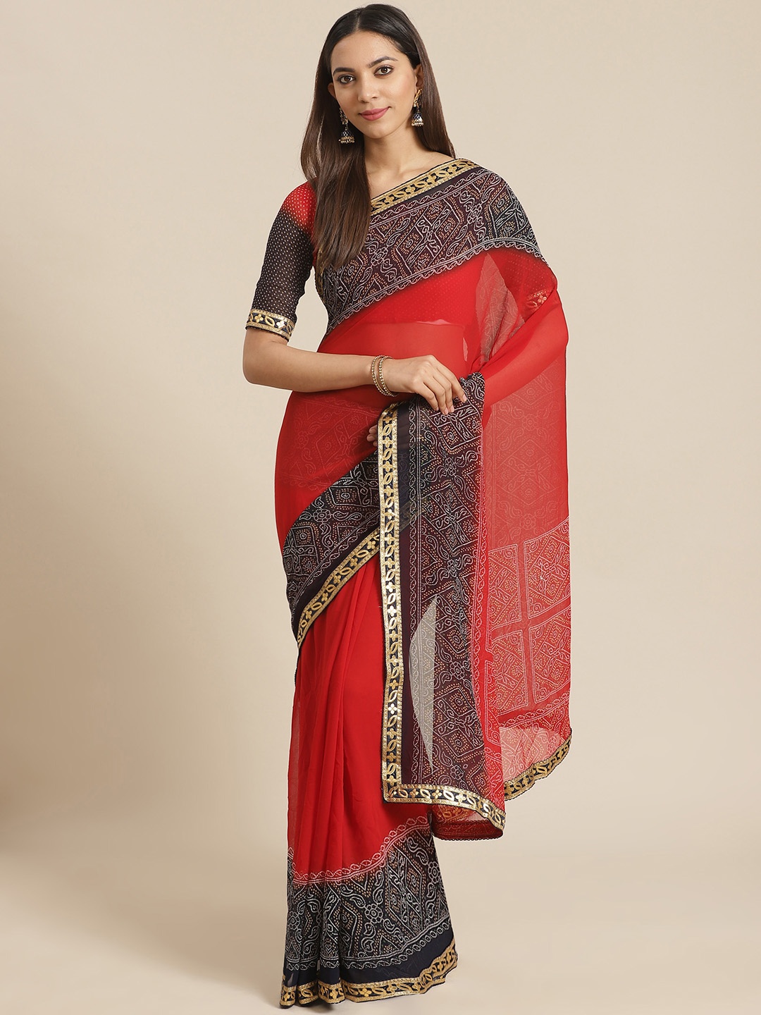 

Saree mall Red & Black Solid Bandhani Saree