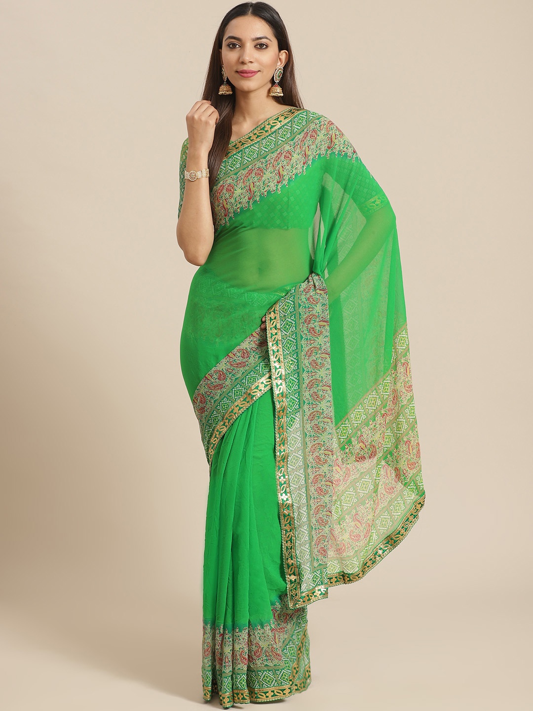 

Saree mall Green & Off-White Printed Bandhani Saree