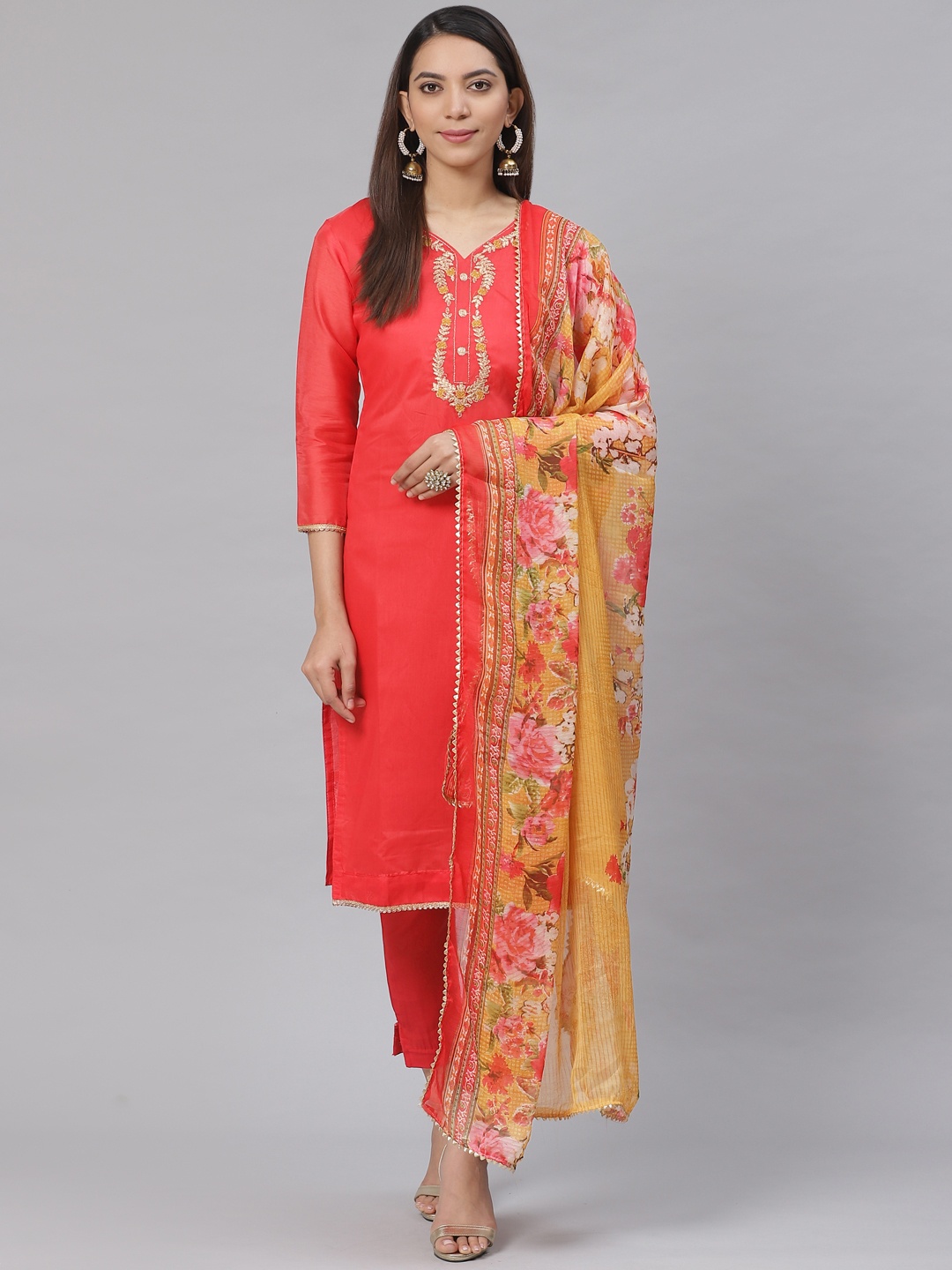 

Saree mall Red & Mustard Yellow Embroidered Yoke Design Unstitched Dress Material