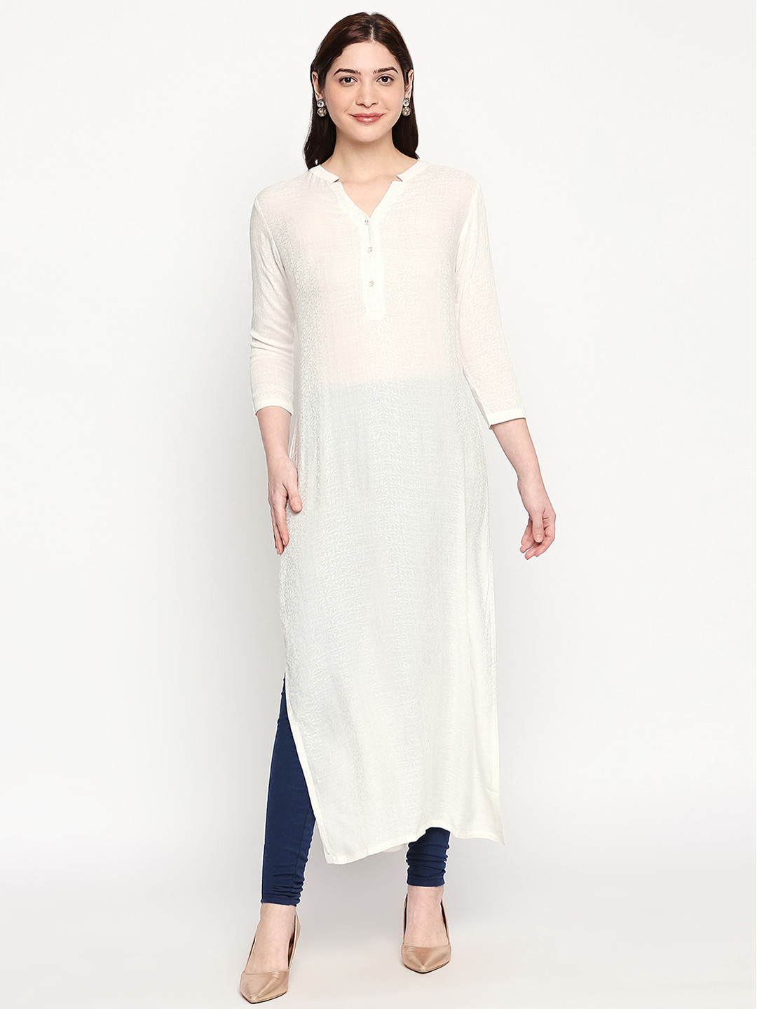 

inocenCia Women White Printed Straight Kurta