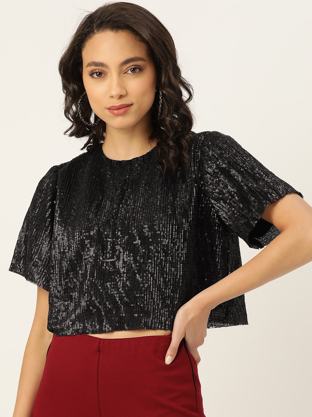 

20Dresses Women Black Sequinned Shimmer Boxy Crop Top