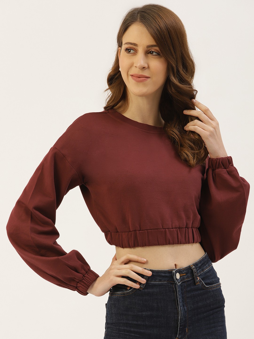 

20Dresses Women Maroon Cotton Solid Crop Sweatshirt