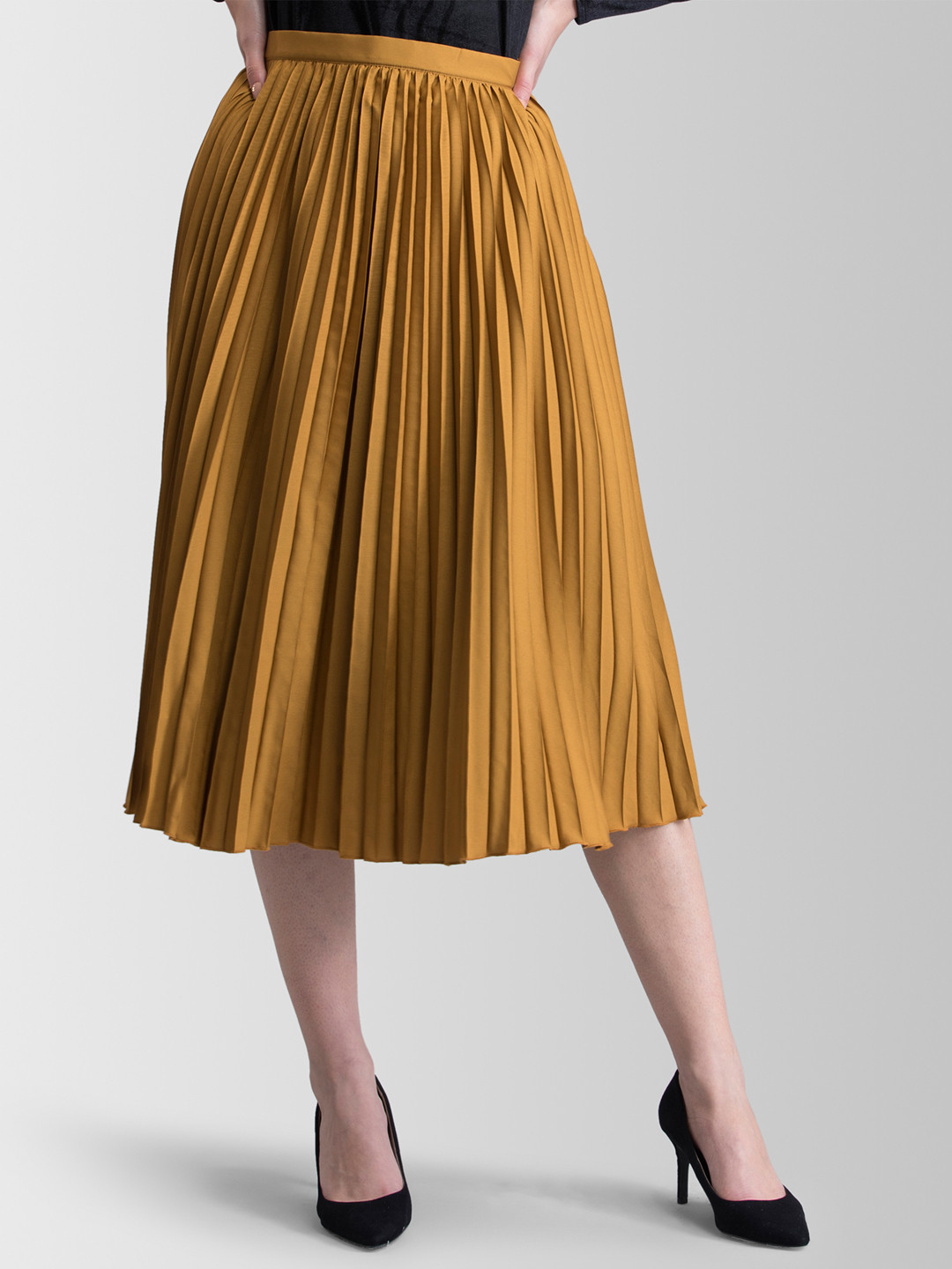 

FableStreet Mustard Yellow Accordion Pleated Flared Midi Skirt