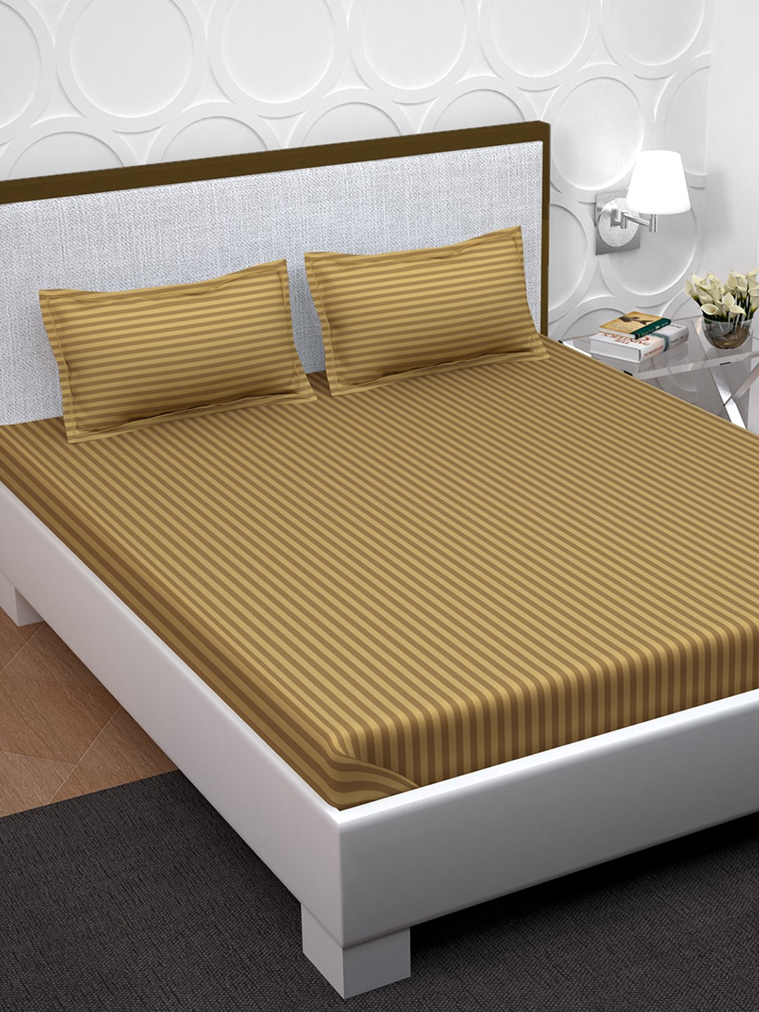 

PAVO Beige Striped 210 TC Cotton 1 King Bedsheet with 2 Pillow Covers