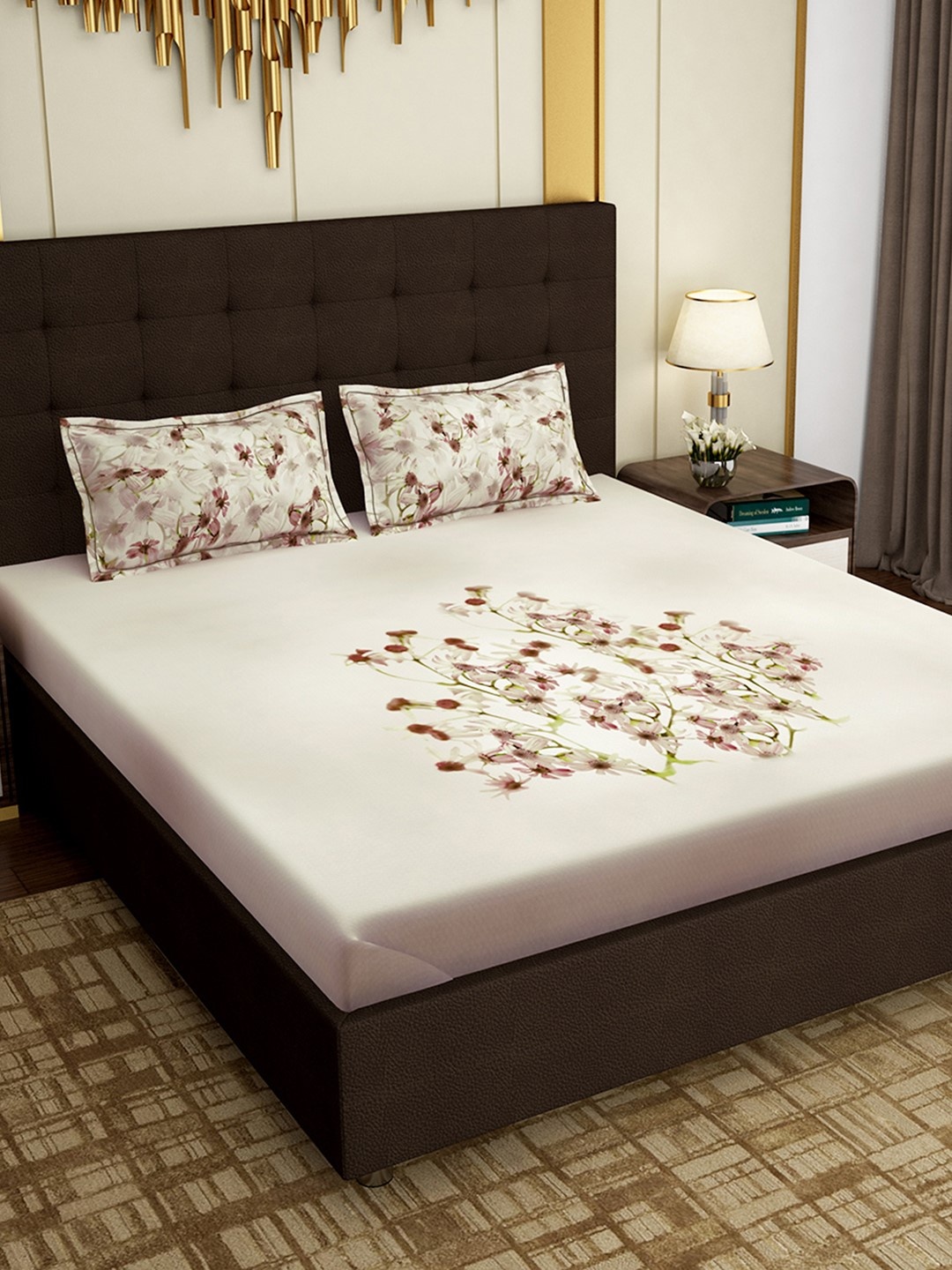 

PAVO Cream-Coloured & Red Floral 100% Cotton 300 TC 1 King Bedsheet with 2 Pillow Covers