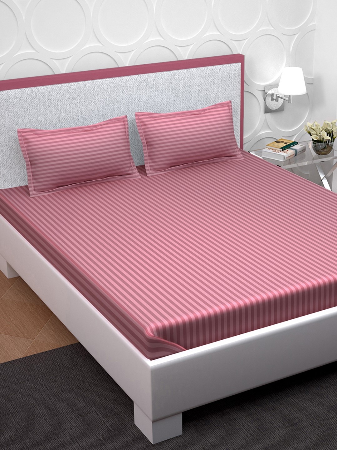 

PAVO Pink Striped 100% Cotton 210 TC 1 King Bedsheet with 2 Pillow Covers