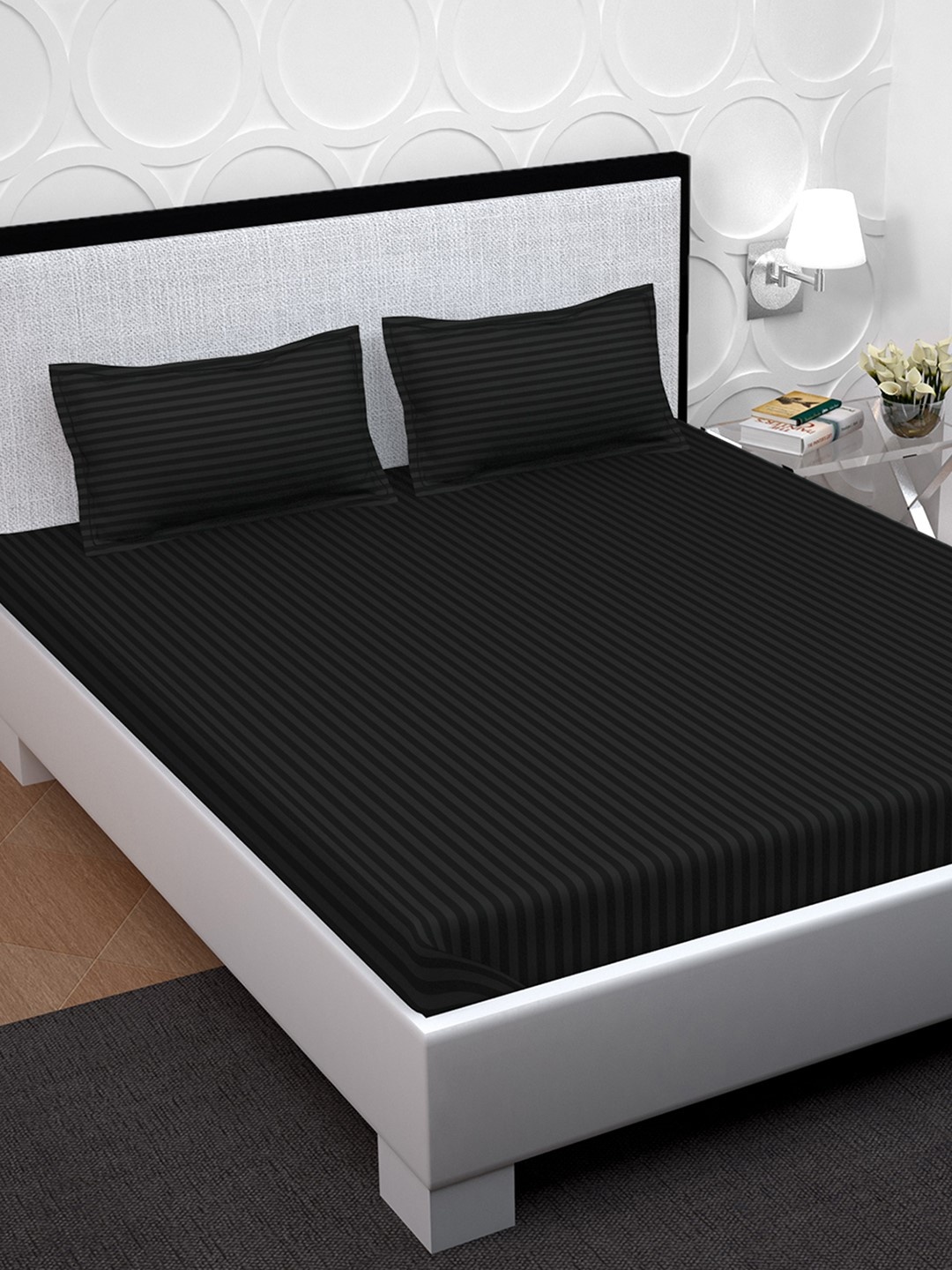 

PAVO Charcoal Black Striped 210 TC 100% Cotton 1 Double XL Bedsheet with 2 Pillow Covers