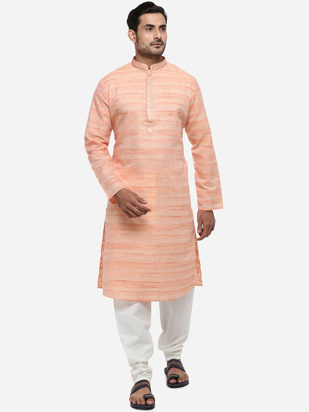 

azania Men Peach-Coloured & Off-White Self Design Kurta with Pyjamas