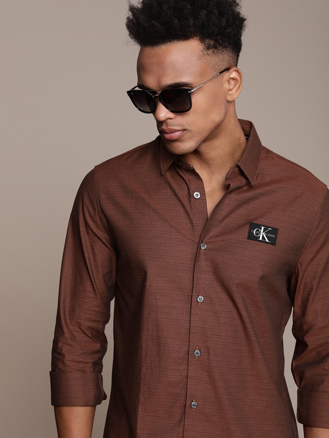 

Calvin Klein Jeans Men Textured Slim Fit Opaque Casual Shirt, Brown
