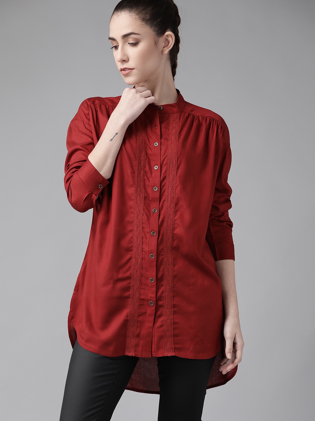 

The Roadster Lifestyle Co Women Maroon Solid Casual Shirt With Lace Insert Details