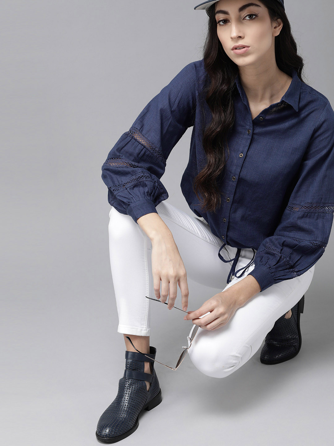 

Roadster Women Navy Blue Solid Pure Cotton Shirt with Lace Inserts