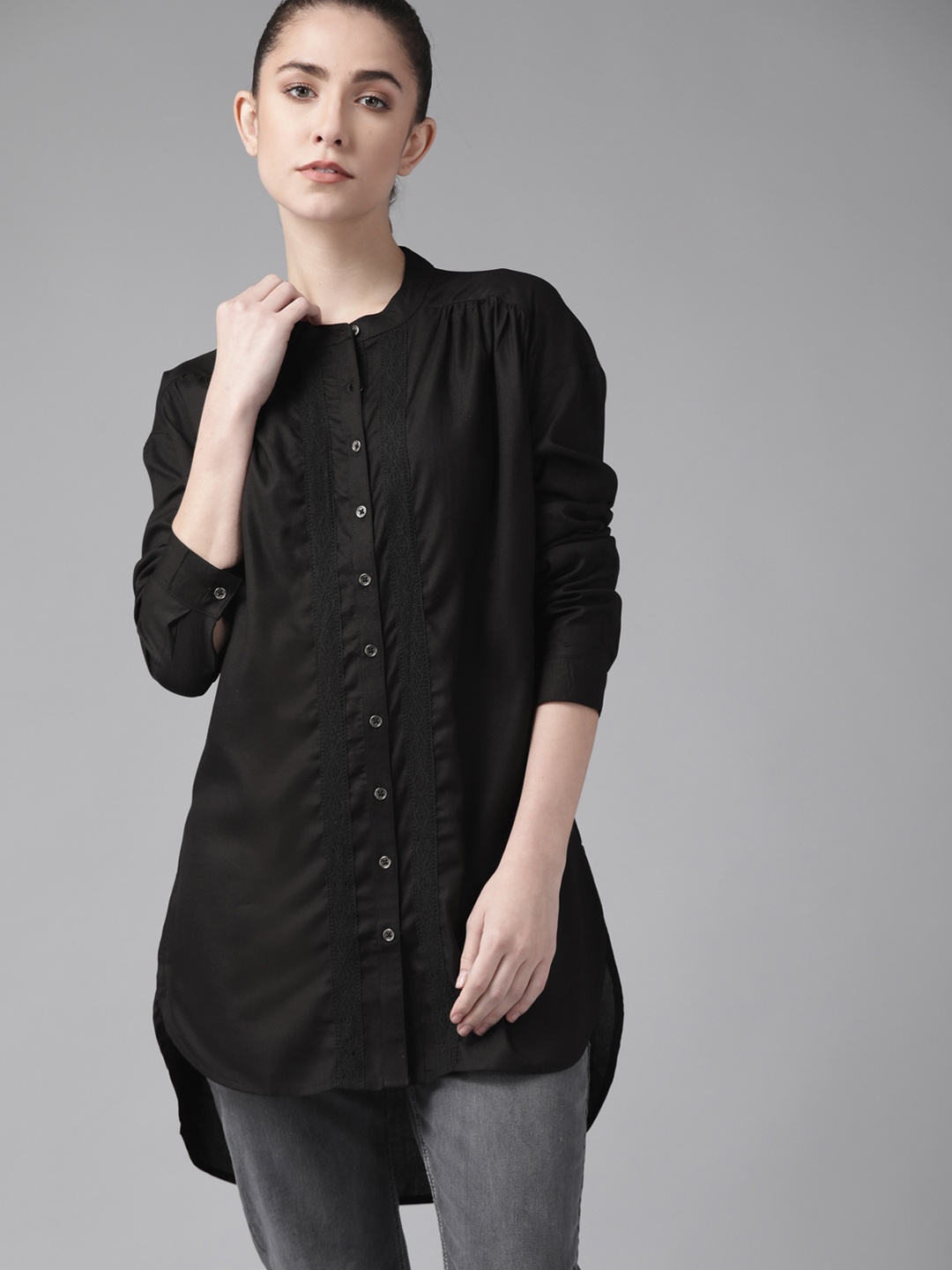 

The Roadster Lifestyle Co Women Black Solid Casual Shirt With Lace Insert Details