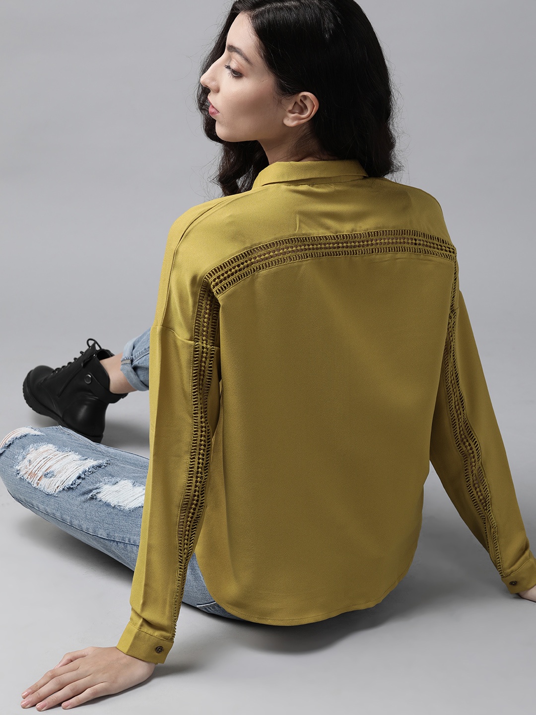 

The Roadster Lifestyle Co Women Mustard Yellow Regular Fit Solid Casual Sustainable Recycled Poly Shirt