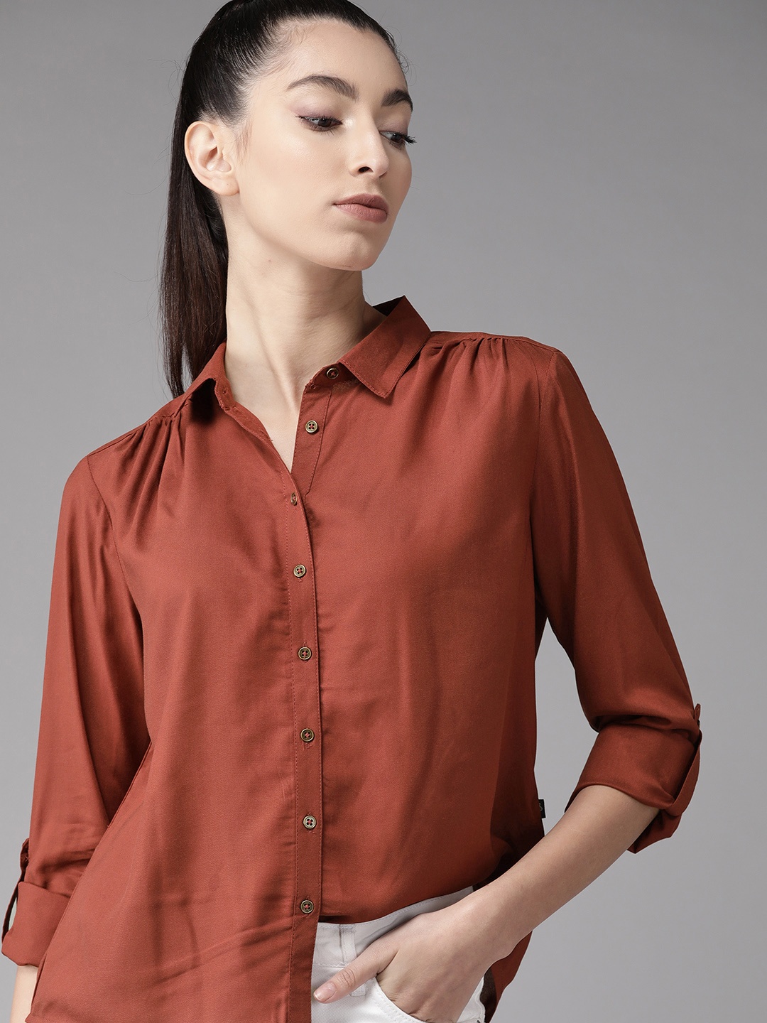 

Roadster Women Ecovero Rust Red Regular Fit Solid Casual Shirt with Gather Detail