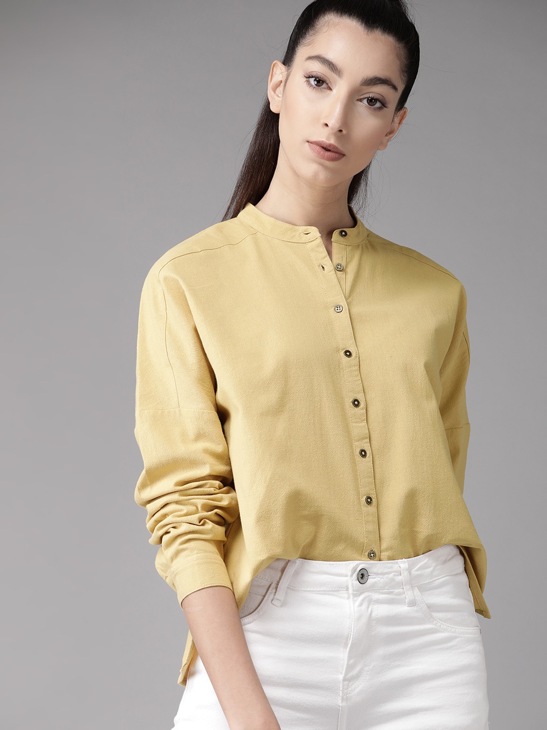 

Roadster Women Khaki Boxy Solid Pure Cotton High-Low Casual Shirt