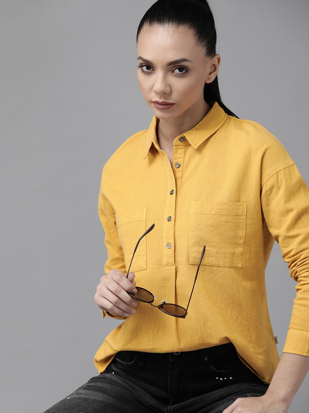 

The Roadster Lifestyle Co Women Mustard Yellow Pure Cotton Solid Casual Shirt