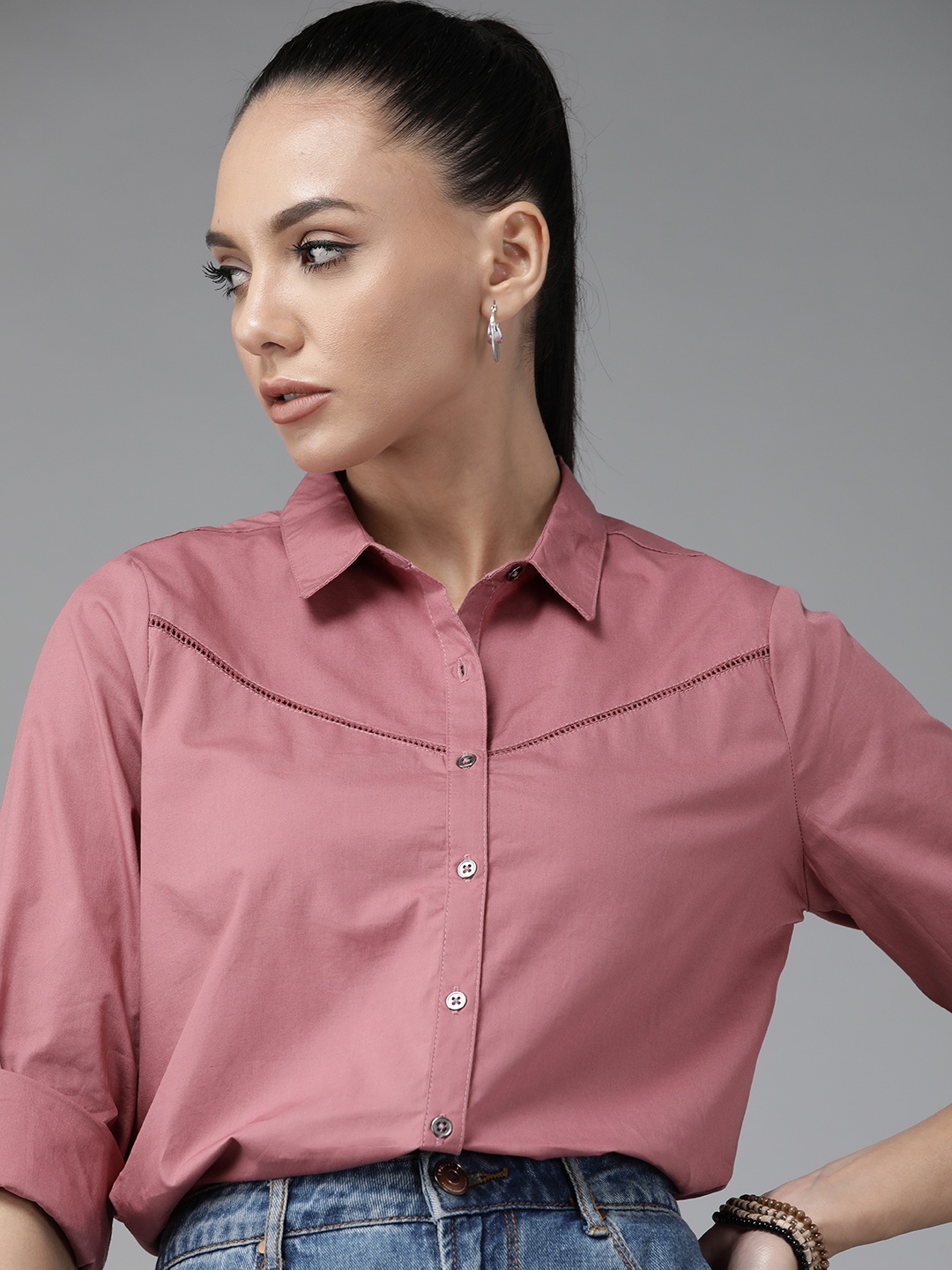 

The Roadster Lifestyle Co Women Pink Pure Cotton Solid Casual Shirt