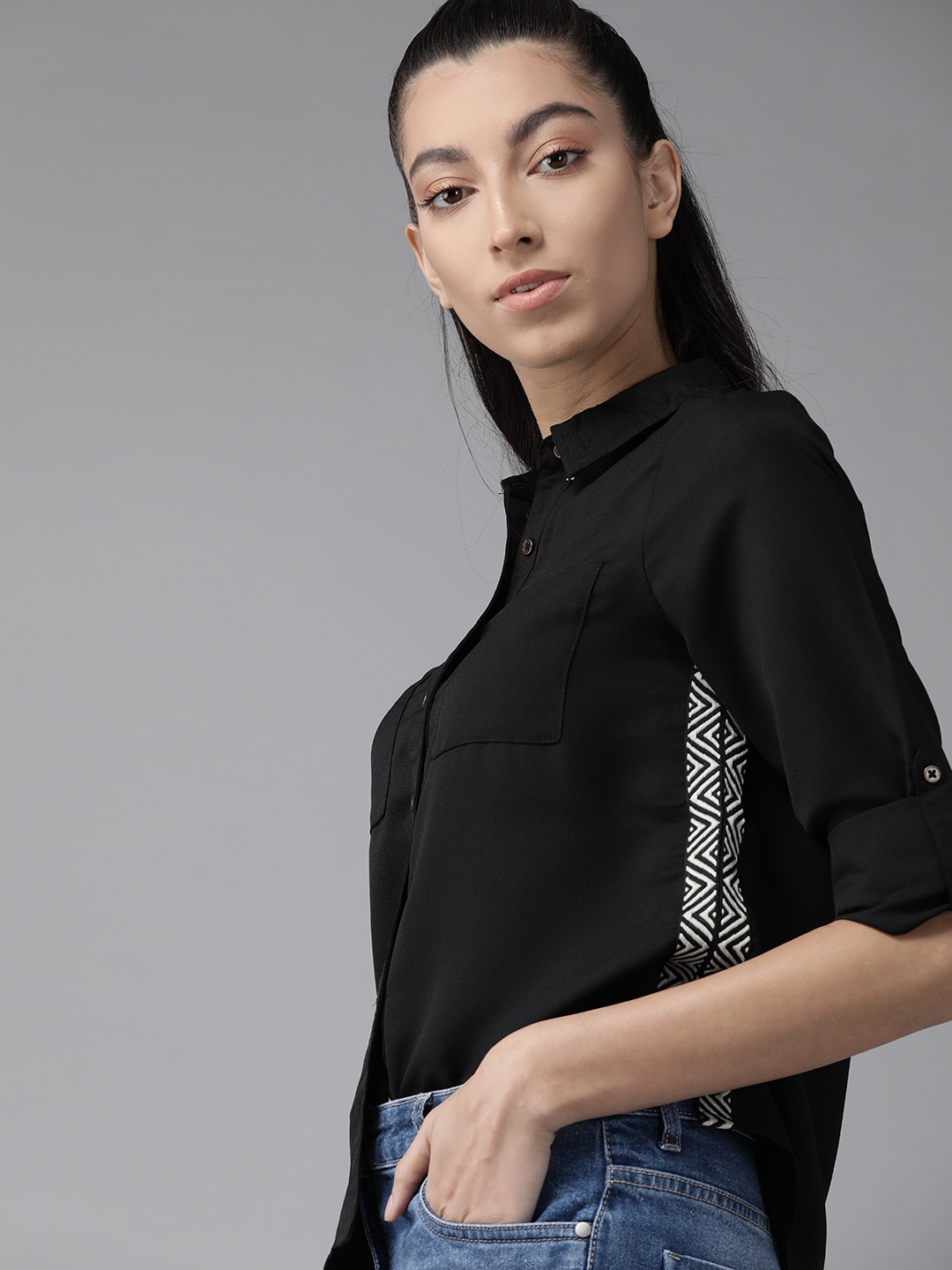 

The Roadster Lifestyle Co Women Black Regular Fit Solid Casual Sustainable Recycled Poly Shirt