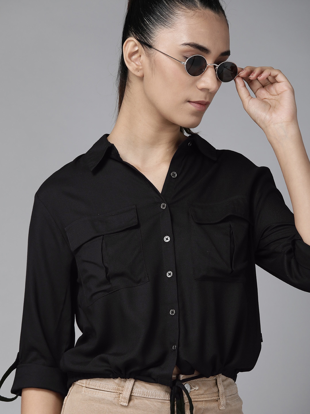 

The Roadster Lifestyle Co Women Black Solid Pockets Tie-Up Ecovero Casual Shirt