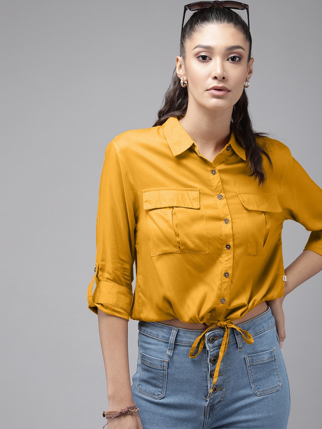 

The Roadster Lifestyle Co Women Mustard Solid Regular Fit Tie-Up Casual Shirt