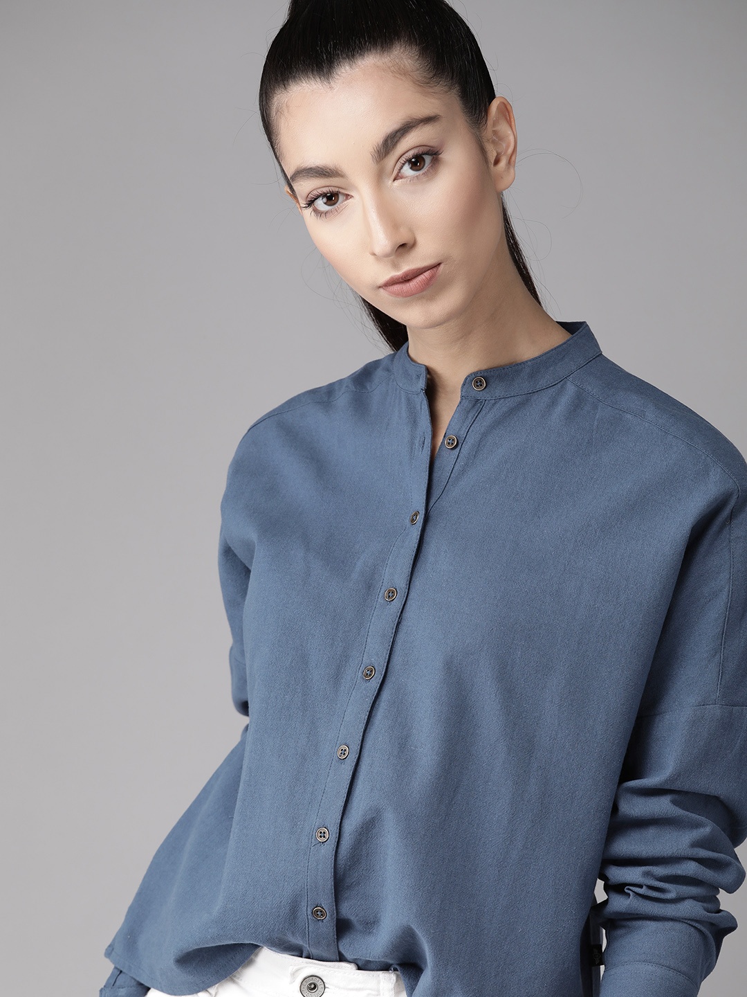 

The Roadster Lifestyle Co Women Navy Blue Boxy Solid Pure Cotton High-Low Casual Shirt
