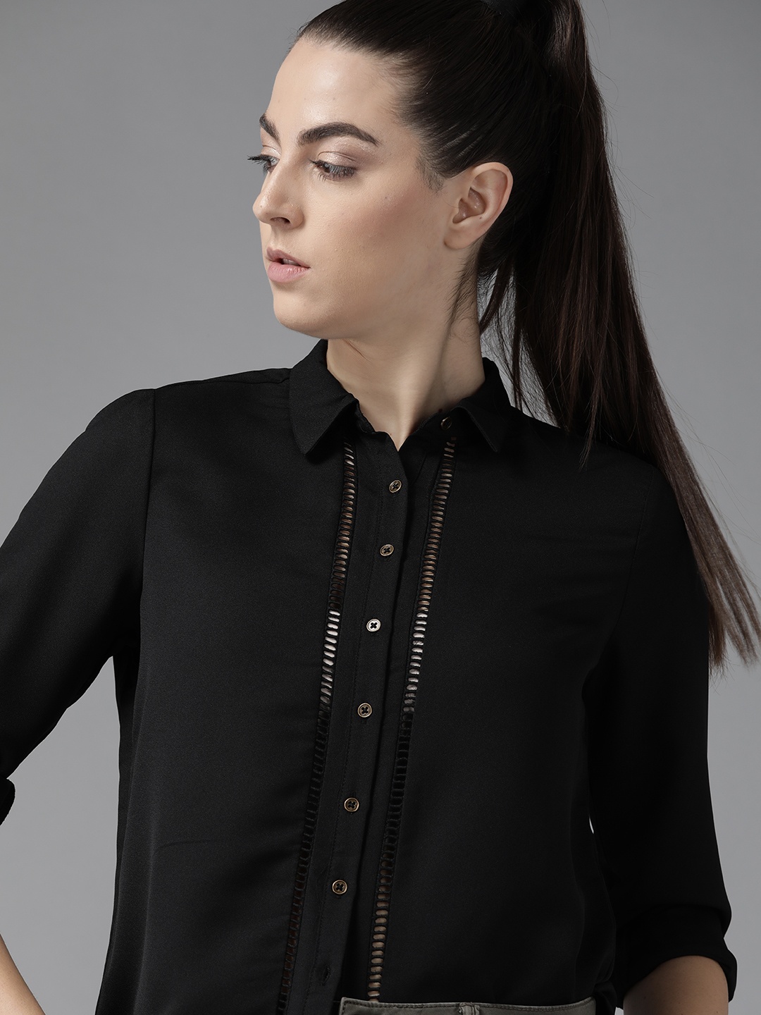 

The Roadster Lifestyle Co Women Black Regular Fit Solid Casual Recycled Poly Shirt