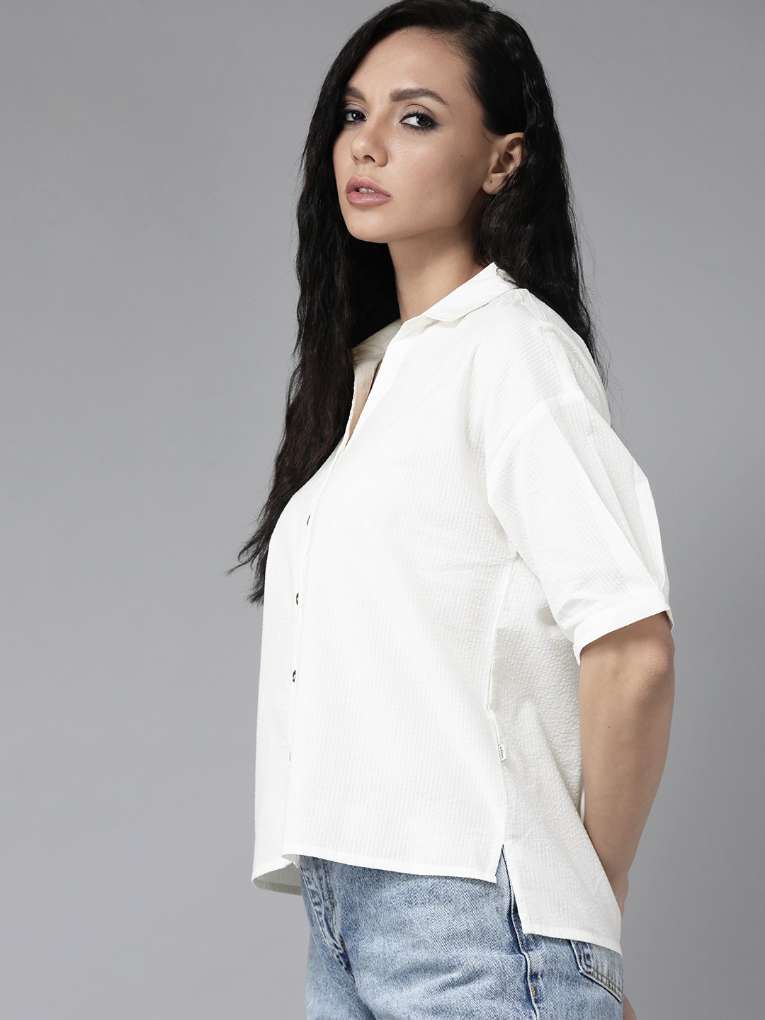 

The Roadster Lifestyle Co Women White Self Design Pure Cotton Casual Shirt