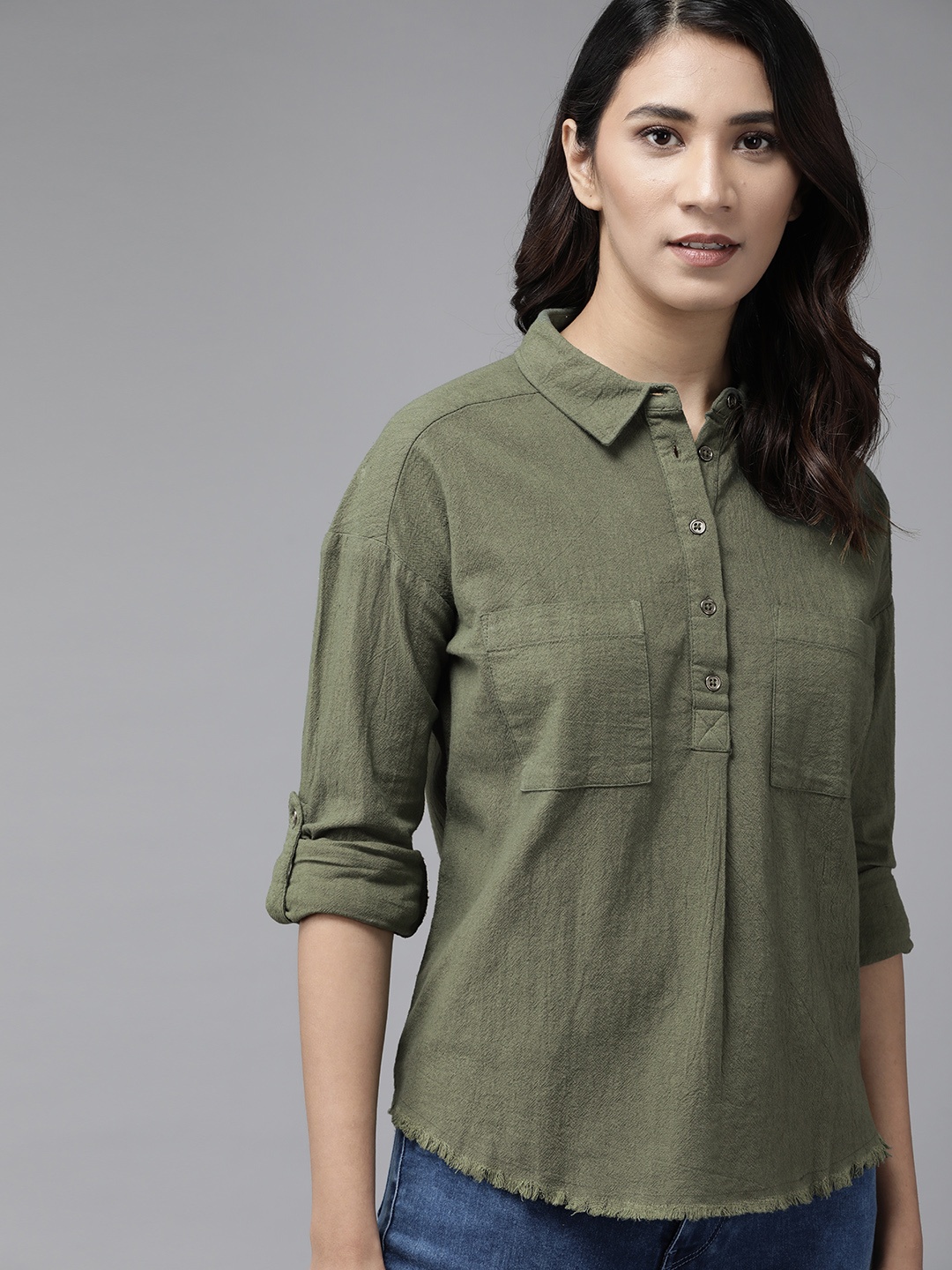 

The Roadster Lifestyle Co Women Olive Green Solid Pure Cotton Shirt Style Top