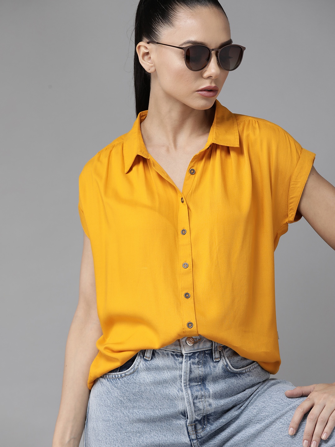 

The Roadster Lifestyle Co Women Sustainable ECOVERO Mustard Yellow Solid Boxy Shirt