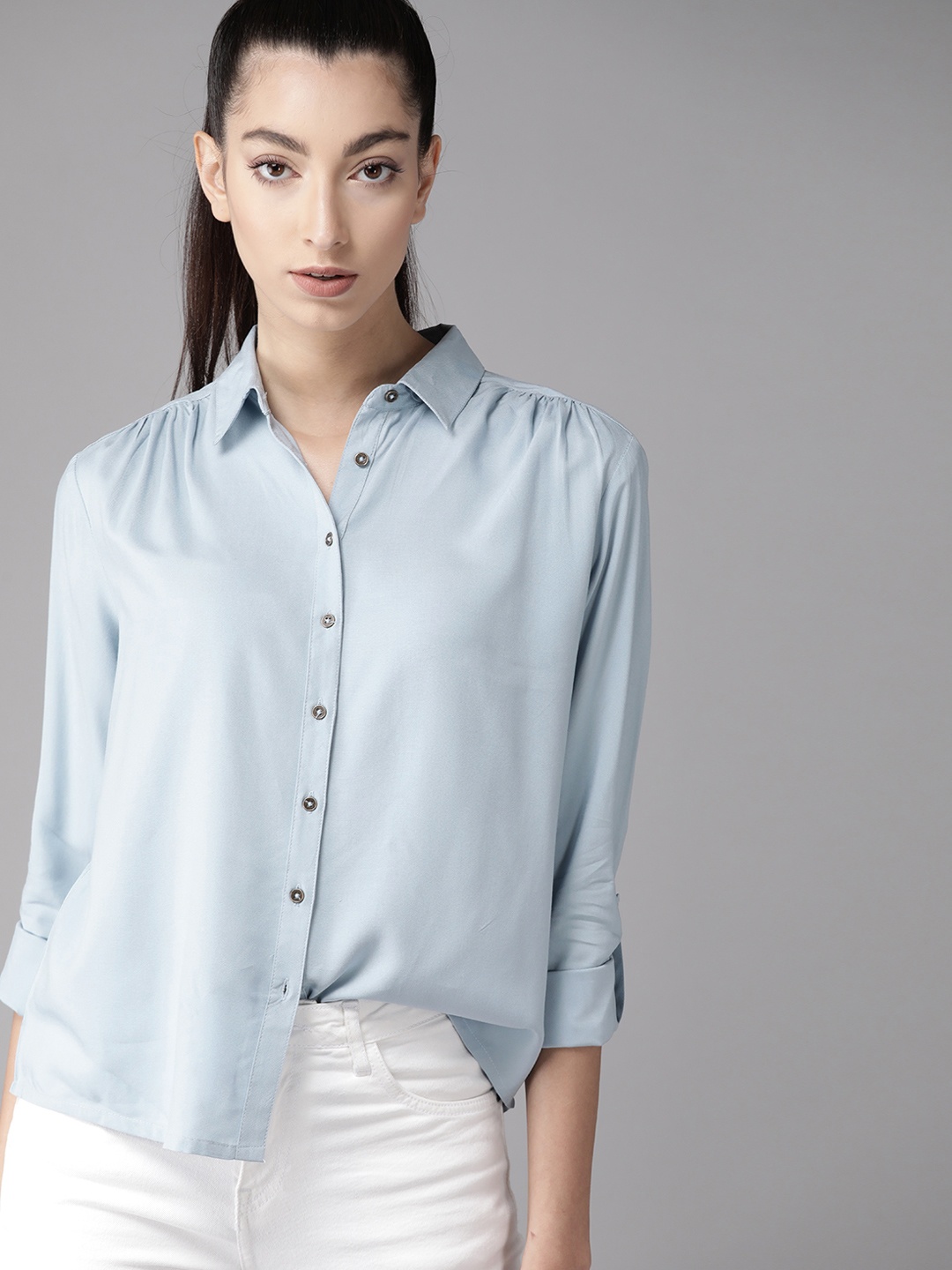 

Roadster Women Ecovero Blue Regular Fit Solid Casual Shirt with Gather Detail