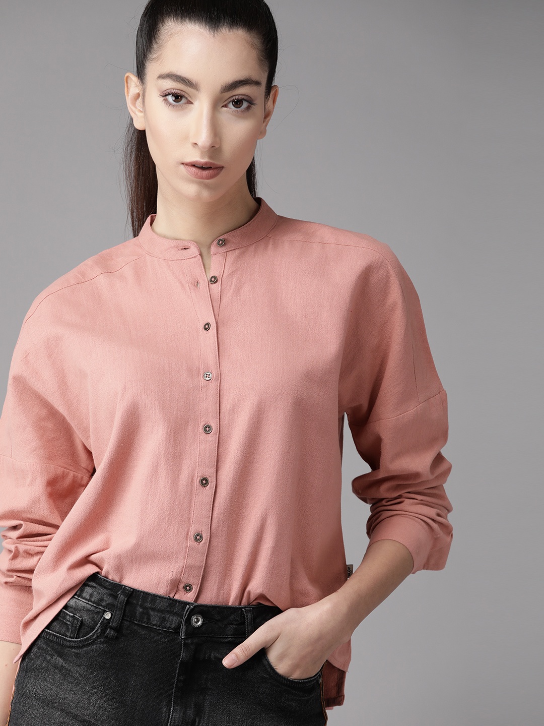 

Roadster Women Peach-Coloured Boxy Solid Pure Cotton High-Low Casual Shirt