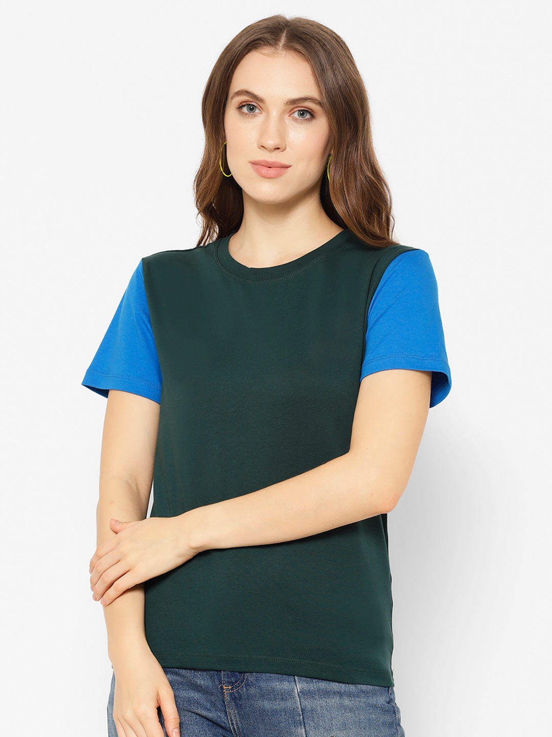 

COASTLAND Women Green & Blue Colourblocked Round Neck T-shirt