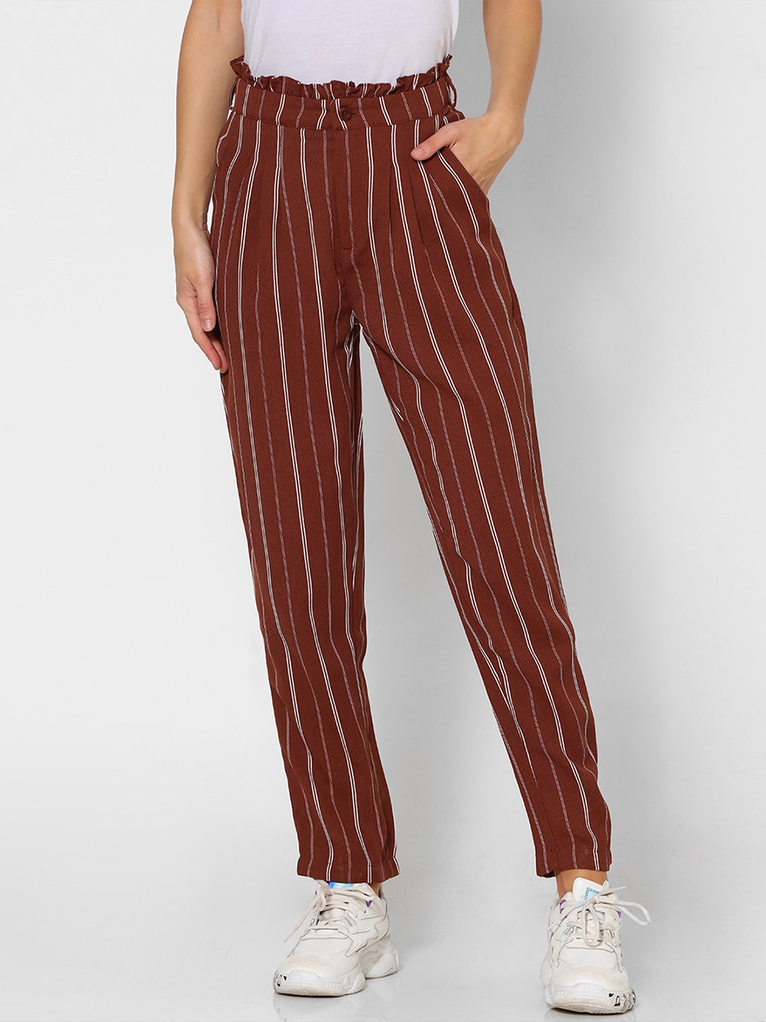 

FOREVER 21 Women Brown & White Regular Fit Striped Peg Trousers