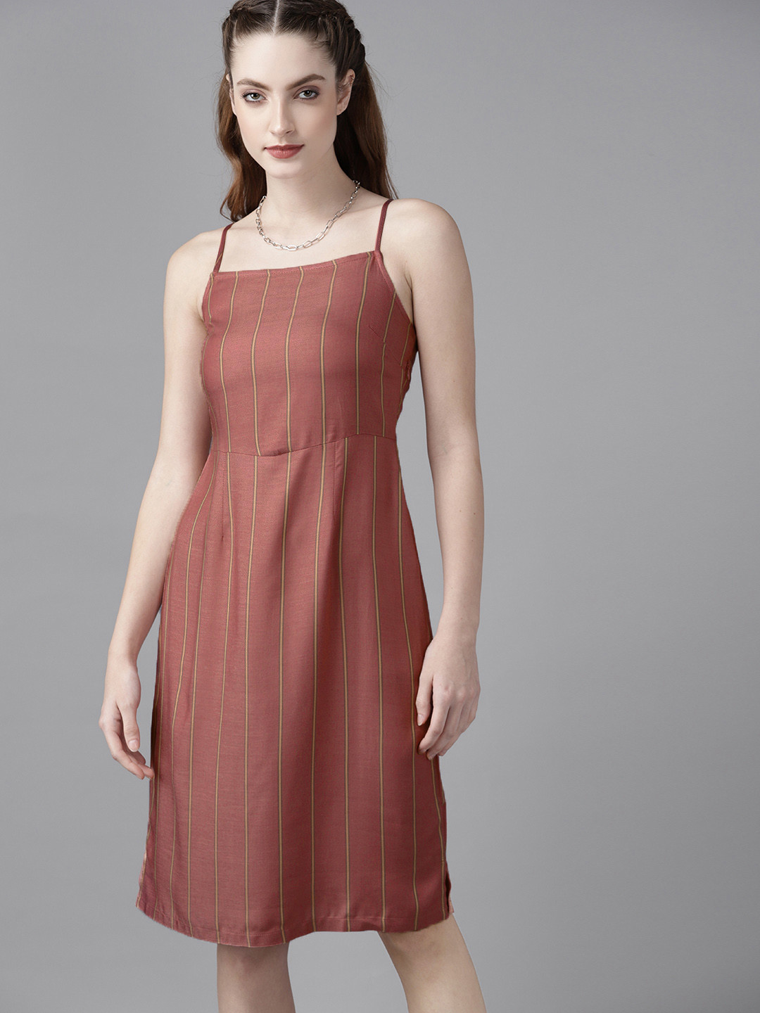 

The Roadster Lifestyle Co Pink Beige Striped A-Line Dress